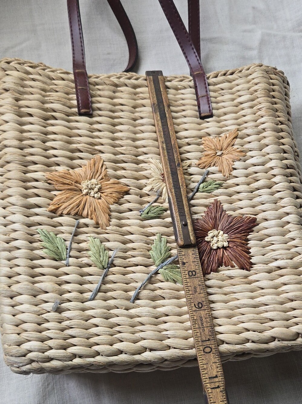 Woven Straw Tote with Floral Motif - Brown Straps - Picture 3 of 8